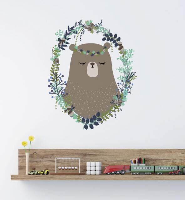 Woodland Wreath Bear Wall Sticker Decal - Nursery Stickers, Animal Decals, Home Decor, Baby Room, Art, Girl, Boy