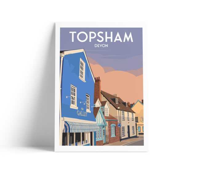 Topsham Travel Poster - Fore Street Print Quaint Houses Wall Art Devon Coastal Town Illustration A4, A3, A2, A1