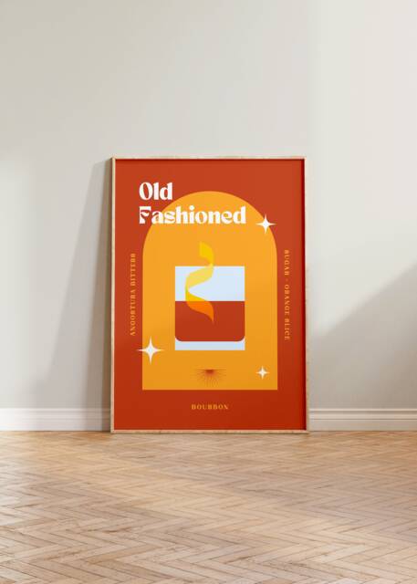 Old Fashioned Print, Retro Cocktail Poster, Bourbon Bar Decor, Prints, Colourful Poster Art Cocktails Copper - image 1