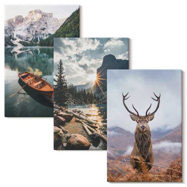 Canvas Wall Art Set Of 3 - Mountain Lake Boat Sunset Deer in Nature, Gray Print, Landscapes Decor - image 1