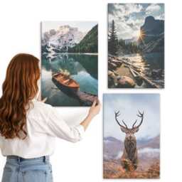 Canvas Wall Art Set Of 3 - Mountain Lake Boat Sunset Deer in Nature, Gray Print, Landscapes Decor - thumbnail 2