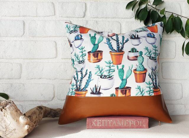 Cognac Faux Leather Cactus Print Pillow Cover - 16x16'' - image 1
