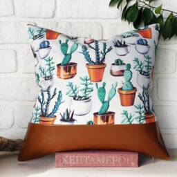 Cognac Faux Leather Cactus Print Pillow Cover - 16x16'' - thumbnail 2