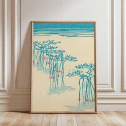 Mangrove Trees Poster, Japanese Minimalist Coastal Blue Nature Wall Art Print - thumbnail 1