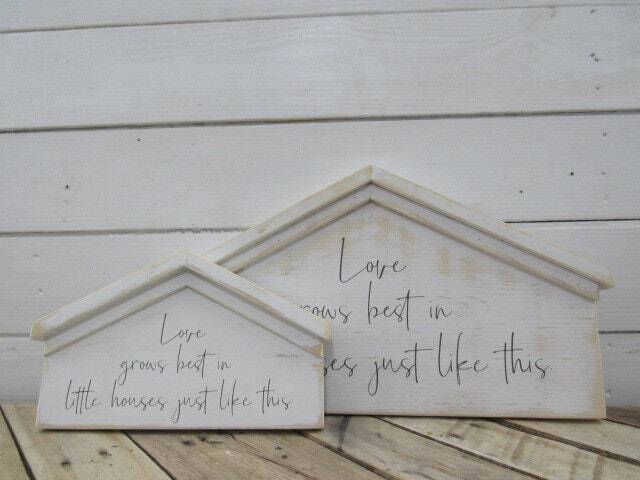 Love Grows Best in Little Houses Just Like This Hand Painted Sign, House Shaped Farmhouse Decor, Gallery Wall Housewarming Gift - image 1