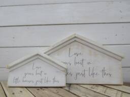 Love Grows Best in Little Houses Just Like This Hand Painted Sign, House Shaped Farmhouse Decor, Gallery Wall Housewarming Gift - thumbnail 1