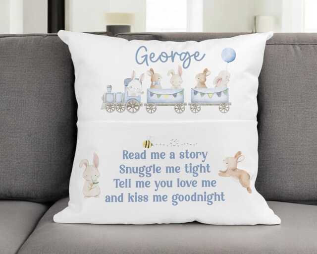 Children's Personalised Book Cushion, Personalisedgift For Children, Easter Gift Ideas, Bunny Rabbit Blue Boys Train - image 1