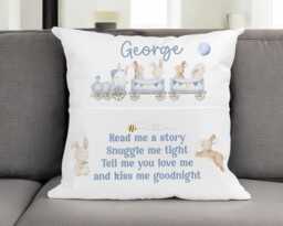 Children's Personalised Book Cushion, Personalisedgift For Children, Easter Gift Ideas, Bunny Rabbit Blue Boys Train - thumbnail 1