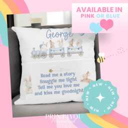 Children's Personalised Book Cushion, Personalisedgift For Children, Easter Gift Ideas, Bunny Rabbit Blue Boys Train - thumbnail 3