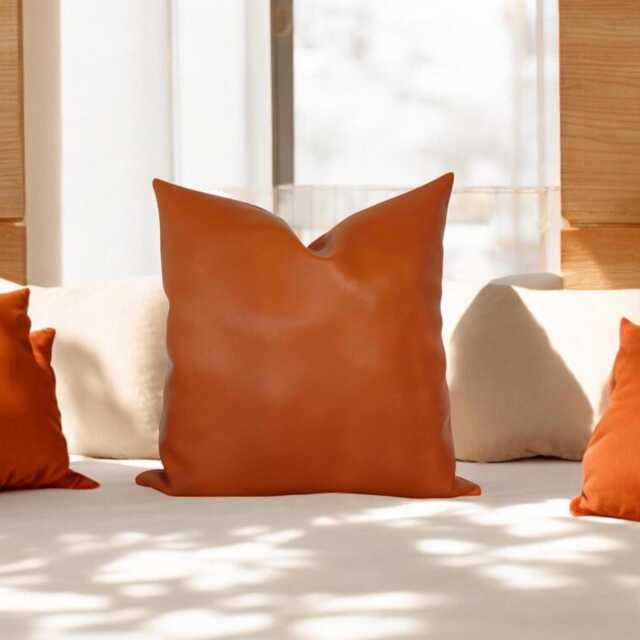 Vegan Faux Leather Pillow Cover - Burnt Orange/Teal/Tan Scandinavian Decor - image 1