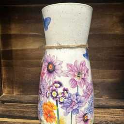Decoupage Glass Vase -Summer Flowers - Pinks Mauve Blues- New Home- Birthday Friend Sister Gift For Mum Personalised - thumbnail 2