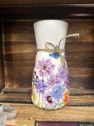 Decoupage Glass Vase -Summer Flowers - Pinks Mauve Blues- New Home- Birthday Friend Sister Gift For Mum Personalised - thumbnail 1