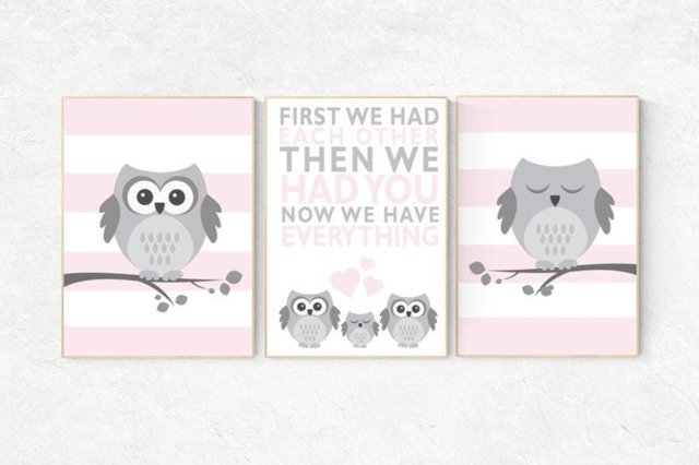 Owl Nursery Art Print Pink & Gray Baby Room Decor - image 1