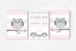 Owl Nursery Art Print Pink & Gray Baby Room Decor - thumbnail 1