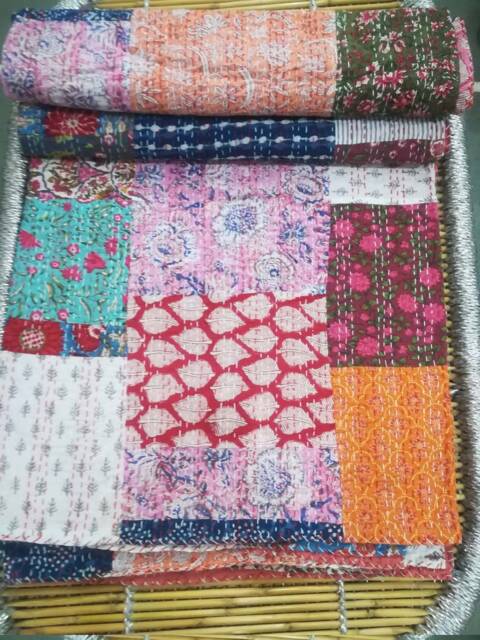 "Handmade Cotton Kantha Quilt Floral Patchwork Bed Cover - 90""x108" - image 1