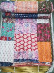"Handmade Cotton Kantha Quilt Floral Patchwork Bed Cover - 90""x108"