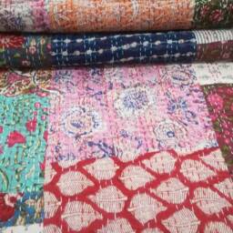 "Handmade Cotton Kantha Quilt Floral Patchwork Bed Cover - 90""x108" - thumbnail 2