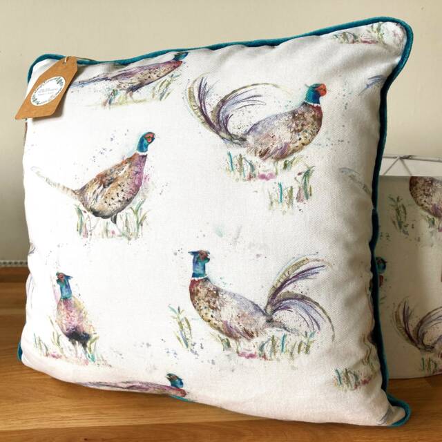New Voyage Maison Dashing Pheasants Cushion With Teal Velvet Back Water Colour - image 1