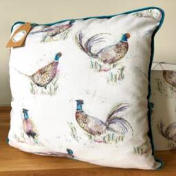 New Voyage Maison Dashing Pheasants Cushion With Teal Velvet Back Water Colour
