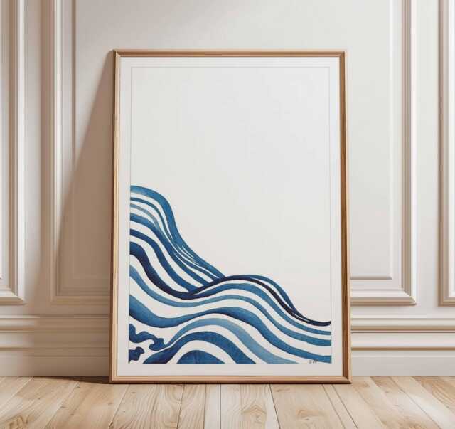 Blue Wave Abstract Poster - Modern Ocean Wall Art Print, Minimal Coastal Decor, Navy & White Geometric Lines Artwork - image 1