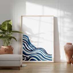 Blue Wave Abstract Poster - Modern Ocean Wall Art Print, Minimal Coastal Decor, Navy & White Geometric Lines Artwork - thumbnail 3
