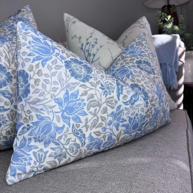 Decorative Cushion Cover, Floral Lumbar Pillow Case, Blue & Grey Throw Country Decor, Pattern, Designer Fabric - image 1