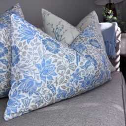 Decorative Cushion Cover, Floral Lumbar Pillow Case, Blue & Grey Throw Country Decor, Pattern, Designer Fabric