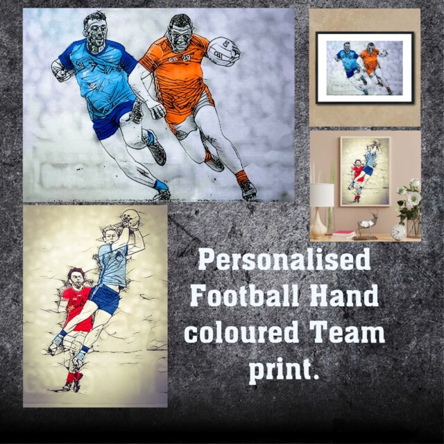 Personalised Any Team Retro Hand Coloured Football Art Print. - Any County Or Club - image 1