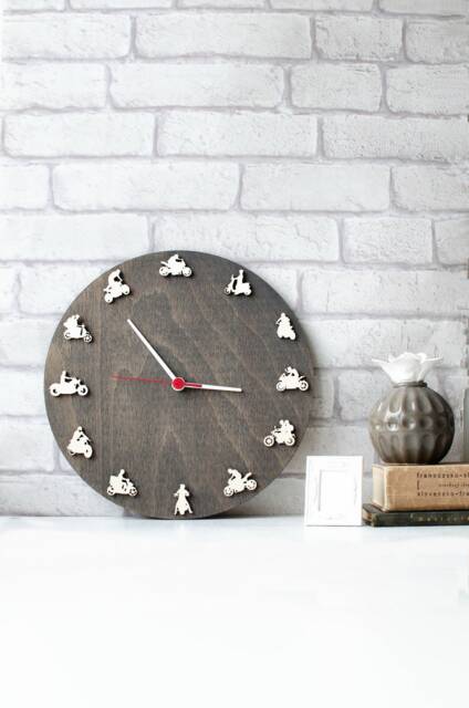 Biker Wood Clock, Wall Clock With Motorcyclists, Gift For Motorcycle Riders - image 1