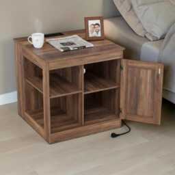 Bedside Table Farmhouse Nightstand Charging Station, Usb Ports Cabinet Adjustable Shelf - thumbnail 1
