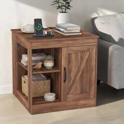 Bedside Table Farmhouse Nightstand Charging Station, Usb Ports Cabinet Adjustable Shelf - thumbnail 2
