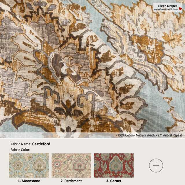 Castleford 3 Colors Floral Flower Blue Red Foliage Damask Toile Cotton Curtain, Valance Pleated, Lined Drapery Panel Offered As Upgrades - image 1