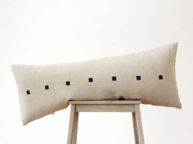 Long Linen Lumbar Pillow Cover Gray With Black Squares Japandi Style - image 1