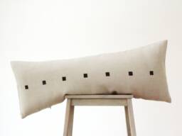 Long Linen Lumbar Pillow Cover Gray With Black Squares Japandi Style - thumbnail 1
