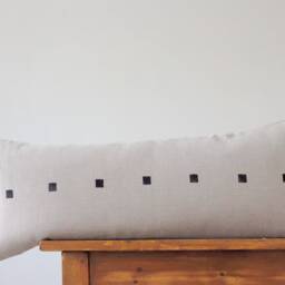 Long Linen Lumbar Pillow Cover Gray With Black Squares Japandi Style - thumbnail 3