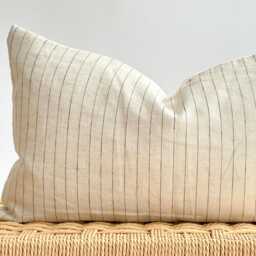 Handwoven Hemp Lumbar Pillow Cover Beige Striped Hmong Textile - thumbnail 1