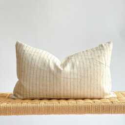 Handwoven Hemp Lumbar Pillow Cover Beige Striped Hmong Textile - thumbnail 3