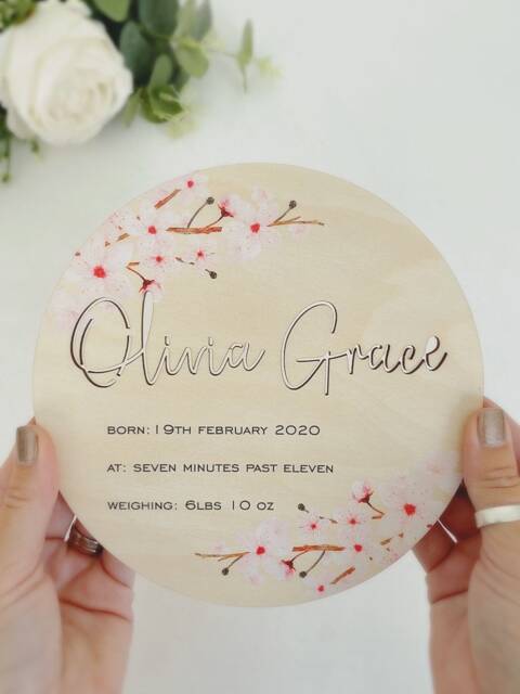 Birth Announcement Wooden Plaque, Personalised Nursery Sign, New Baby Newborn Keepsake Gift, Printed Girl Floral Name - image 1