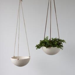 Seconds Hanging Ceramic Porcelain Planter Medium Size, Geometric Faceted Or Smooth Finish, Choose Hemp Leather Cording - thumbnail 2