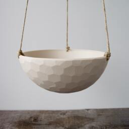 Seconds Hanging Ceramic Porcelain Planter Medium Size, Geometric Faceted Or Smooth Finish, Choose Hemp Leather Cording - thumbnail 4
