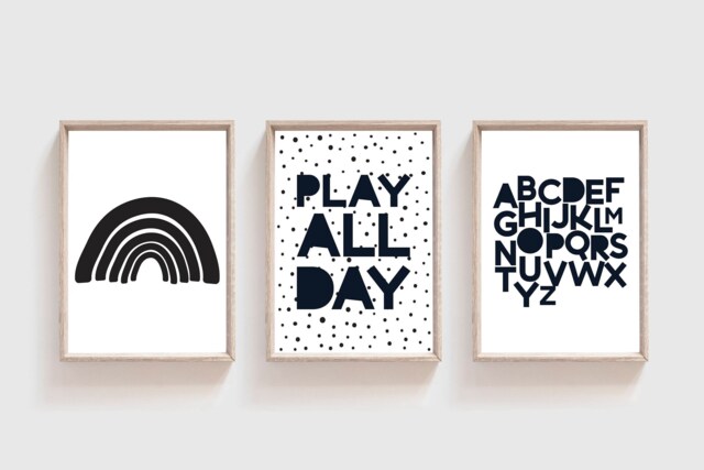 Set Of 3 Monochrome Prints, Playroom Boys Bedroom Decor, Monchrome Wall Art, Play All Day, Girls Art - image 1