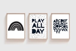 Set Of 3 Monochrome Prints, Playroom Boys Bedroom Decor, Monchrome Wall Art, Play All Day, Girls Art - thumbnail 1