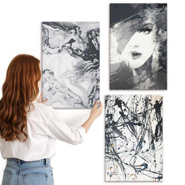 Canvas Set Of 3 - Patterns in Shades Black & White, White Large Wall Art, Abstract Decor - image 1