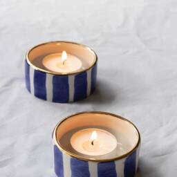 Handmade Cobalt Blue Striped Ceramic Tealight Holder, Gold Rim - Set Of Two - thumbnail 2