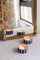 Handmade Cobalt Blue Striped Ceramic Tealight Holder, Gold Rim - Set Of Two