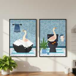 Geese Bathroom Prints, Bath & Toilet Art, Set Of Two Blue Goose Prints - thumbnail 1