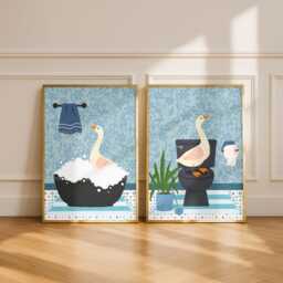 Geese Bathroom Prints, Bath & Toilet Art, Set Of Two Blue Goose Prints - thumbnail 3