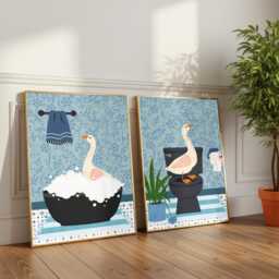 Geese Bathroom Prints, Bath & Toilet Art, Set Of Two Blue Goose Prints - thumbnail 2
