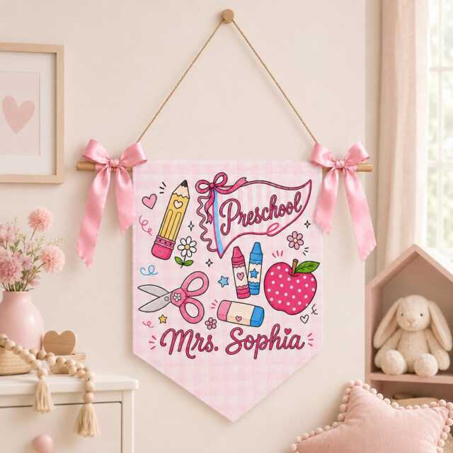 Custom Gingham School Pennant Personalized Grade Classroom Wall Hanging With Ribbon - image 1