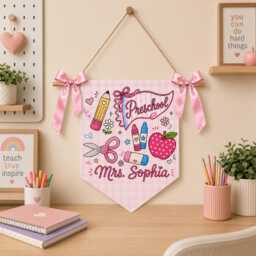 Custom Gingham School Pennant Personalized Grade Classroom Wall Hanging With Ribbon - thumbnail 3